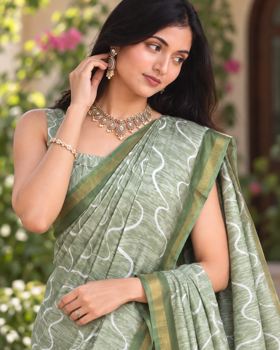 Sage Green Wave Ripple Zari Chanderi Saree