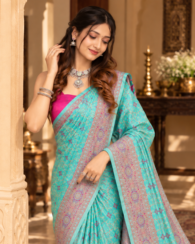 Aqua Blue Meenakari Banarasi Silk Saree