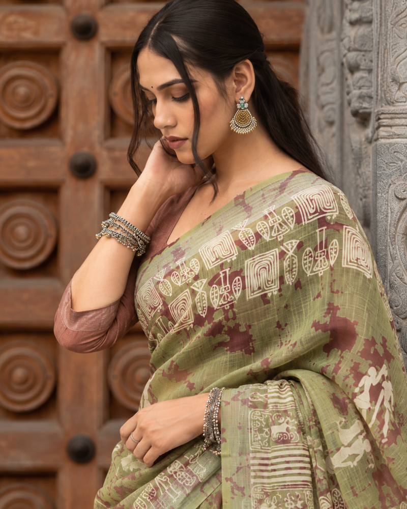 Sage Green Warli Tribal Art Printed Linen Saree
