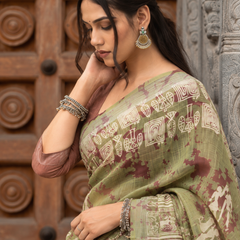 Sage Green Warli Tribal Art Printed Linen Saree