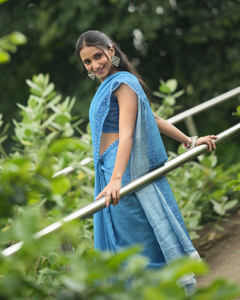 Ocean Blue Fine Leheriya Striped Linen Saree