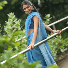 Ocean Blue Fine Leheriya Striped Linen Saree