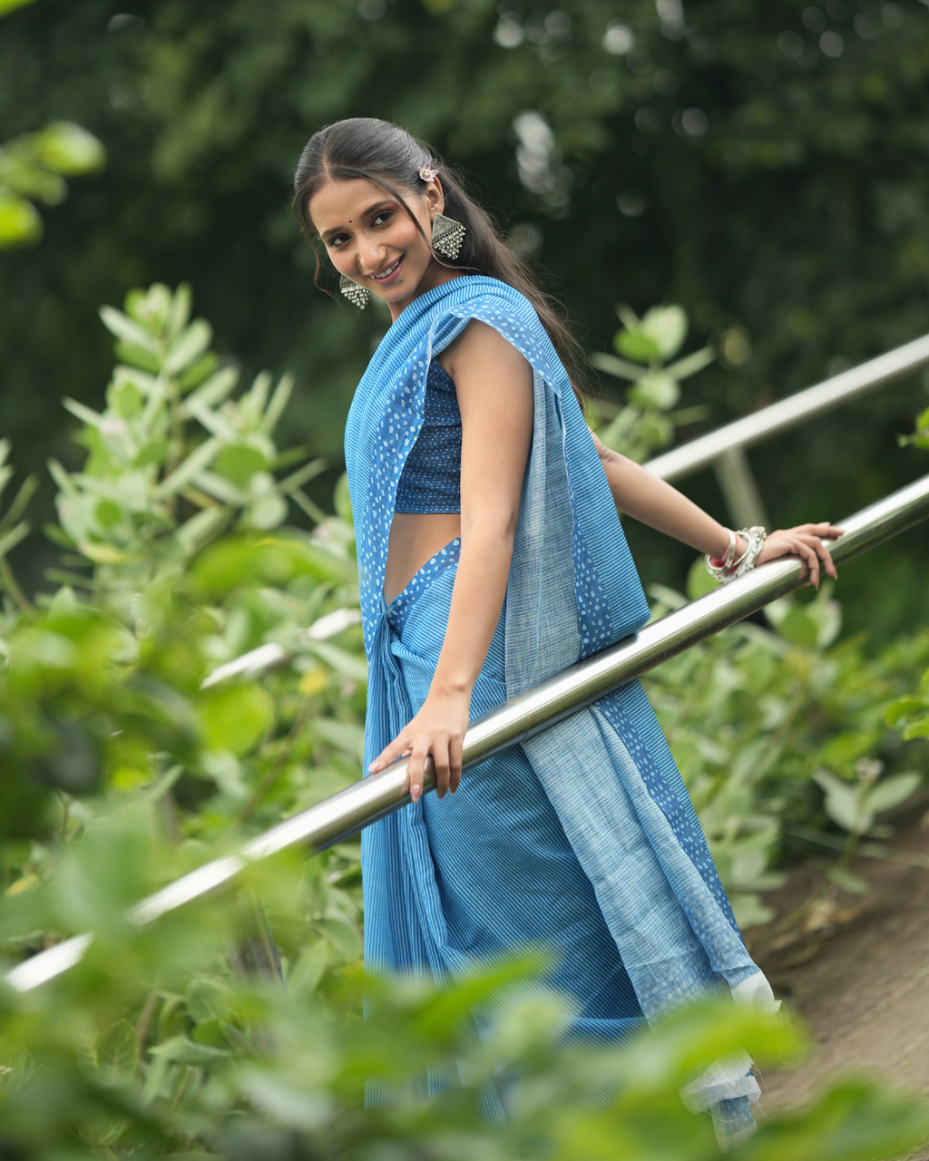 Ocean Blue Fine Leheriya Striped Linen Saree