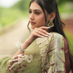 Sage Green Warli Tribal Art Printed Linen Saree