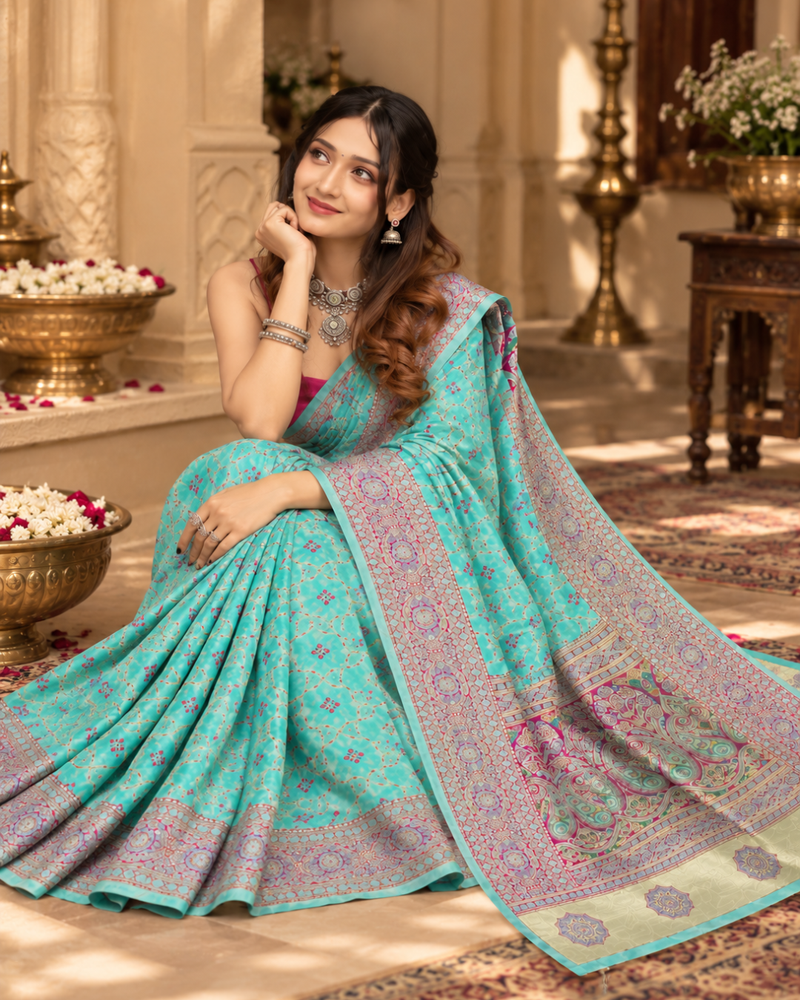 Aqua Blue Meenakari Banarasi Silk Saree