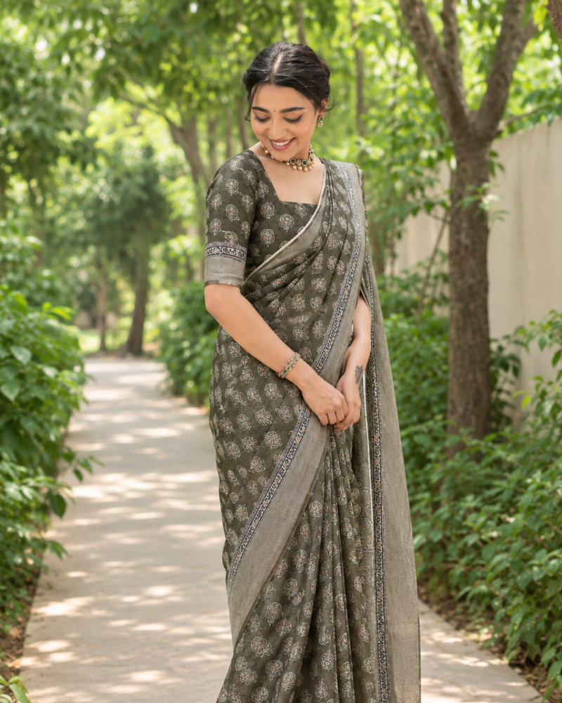 Olive Green Floral Booti Chanderi Saree