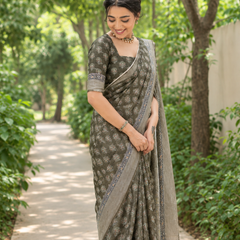 Olive Green Floral Booti Chanderi Saree