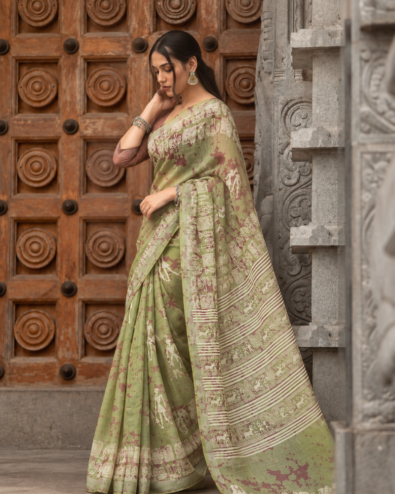 Sage Green Warli Tribal Art Printed Linen Saree