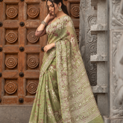 Sage Green Warli Tribal Art Printed Linen Saree
