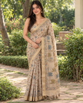 Beige Fawn Kalamkari Lotus Vine Premium Silk Saree