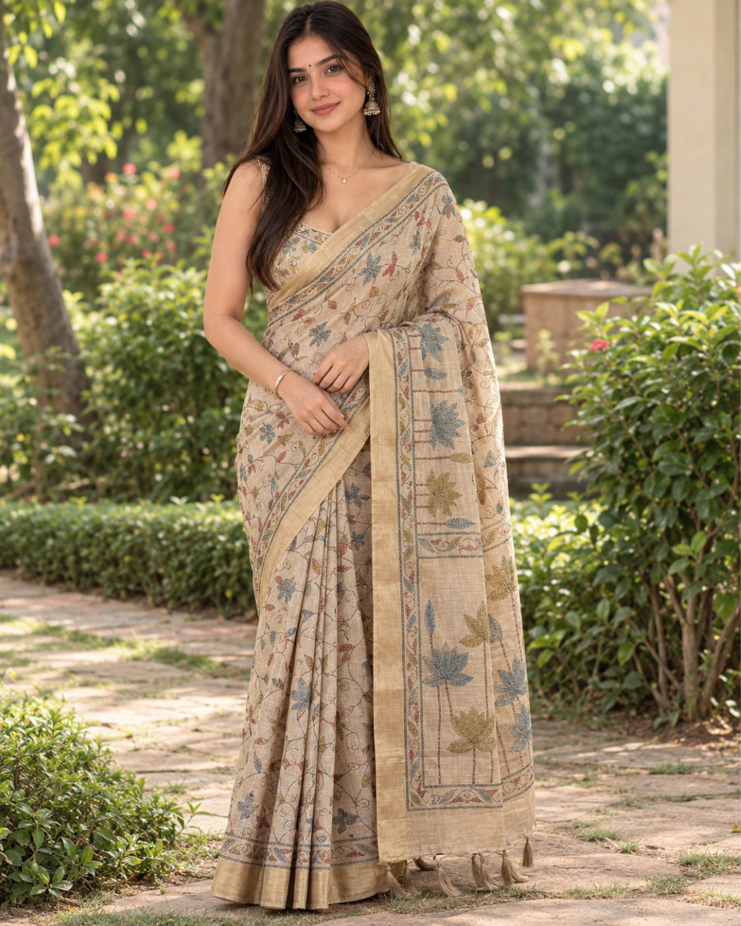 Beige Fawn Kalamkari Lotus Vine Premium Silk Saree