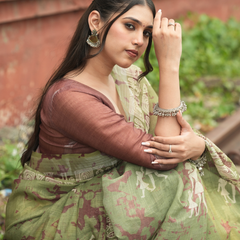 Sage Green Warli Tribal Art Printed Linen Saree