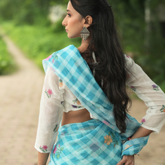 Aqua Blue Gingham Check Floral Linen Saree
