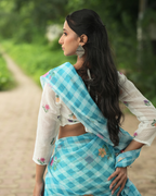 Aqua Blue Gingham Check Floral Linen Saree