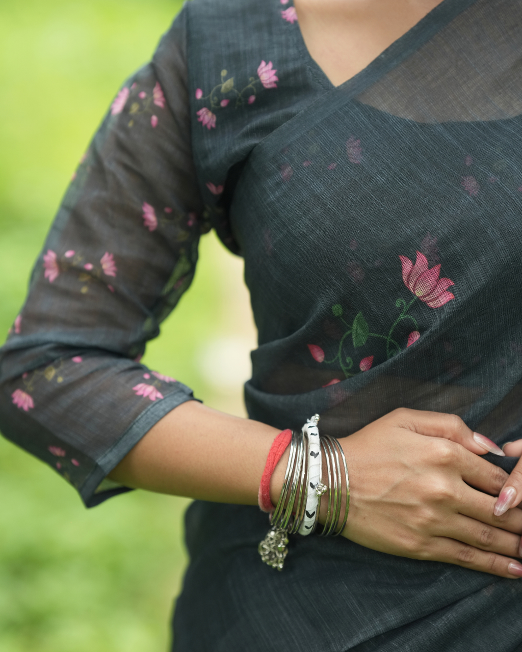 Charcoal Grey Pichwai Lotus Garden Linen Saree