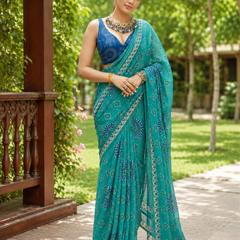 Teal Green Bandhani Mandala Saree