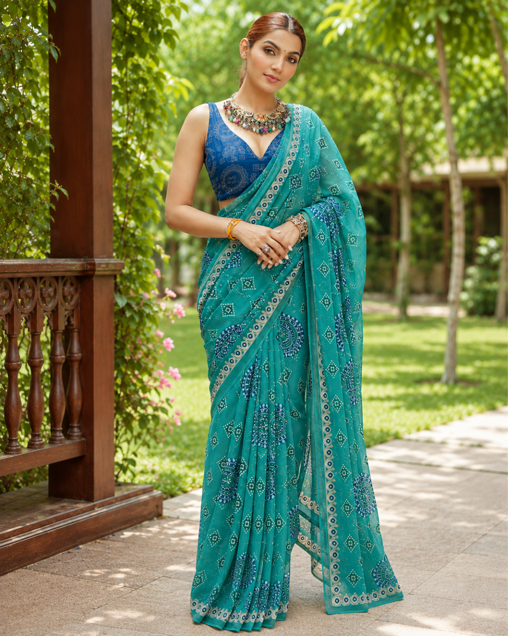 Teal Green Bandhani Mandala Saree
