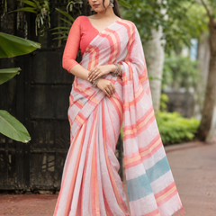 Coral Peach Multi-Tone Striped Linen Saree