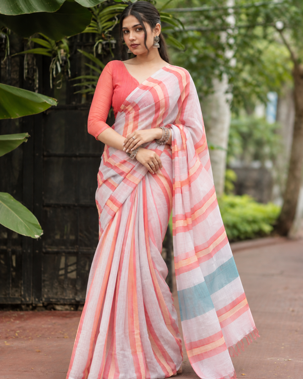 Coral Peach Multi-Tone Striped Linen Saree