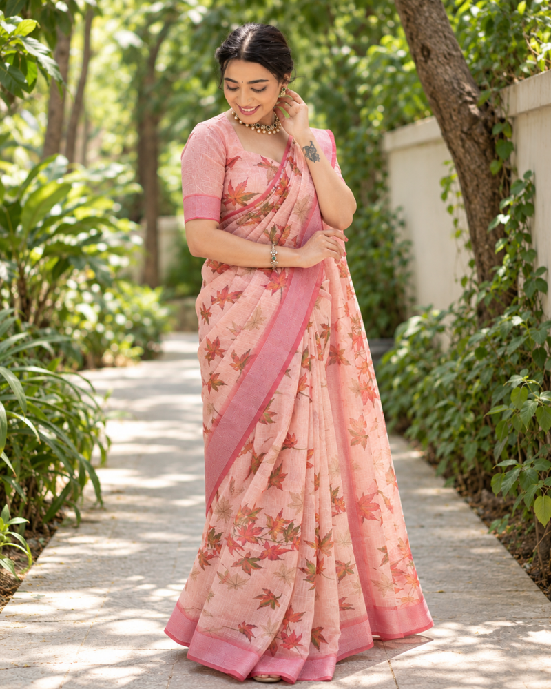 Peach Maple Leaf Print Chanderi Saree