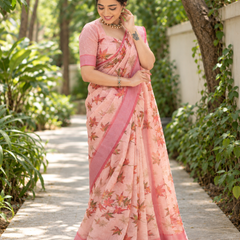 Peach Maple Leaf Print Chanderi Saree