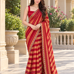 Crimson Red Leheriya Striped Fandy Silk Saree