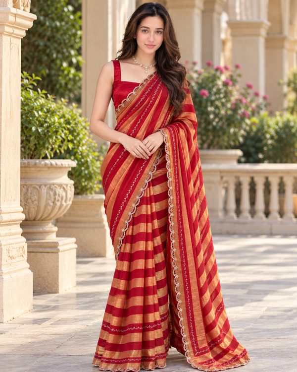 Crimson Red Leheriya Striped Fandy Silk Saree