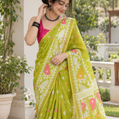 Chartreuse Lime Peacock Motif Chanderi Saree