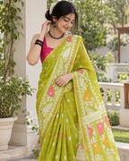 Chartreuse Lime Peacock Motif Chanderi Saree