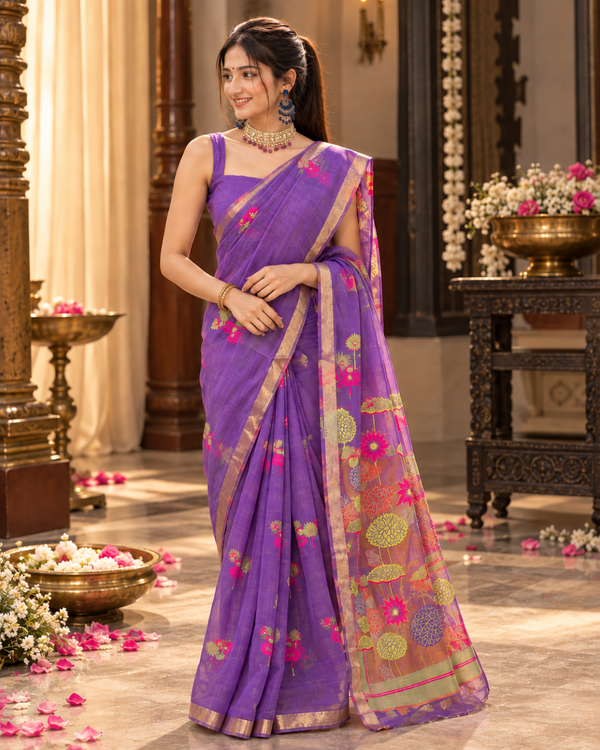 Lilac Purple Garden Jamdani Cotton Saree