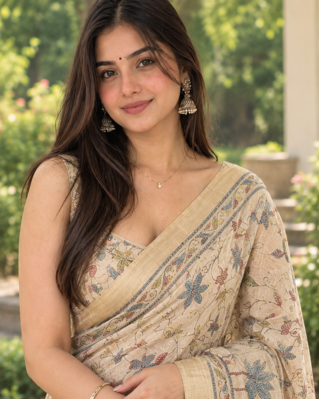 Beige Fawn Kalamkari Lotus Vine Premium Silk Saree
