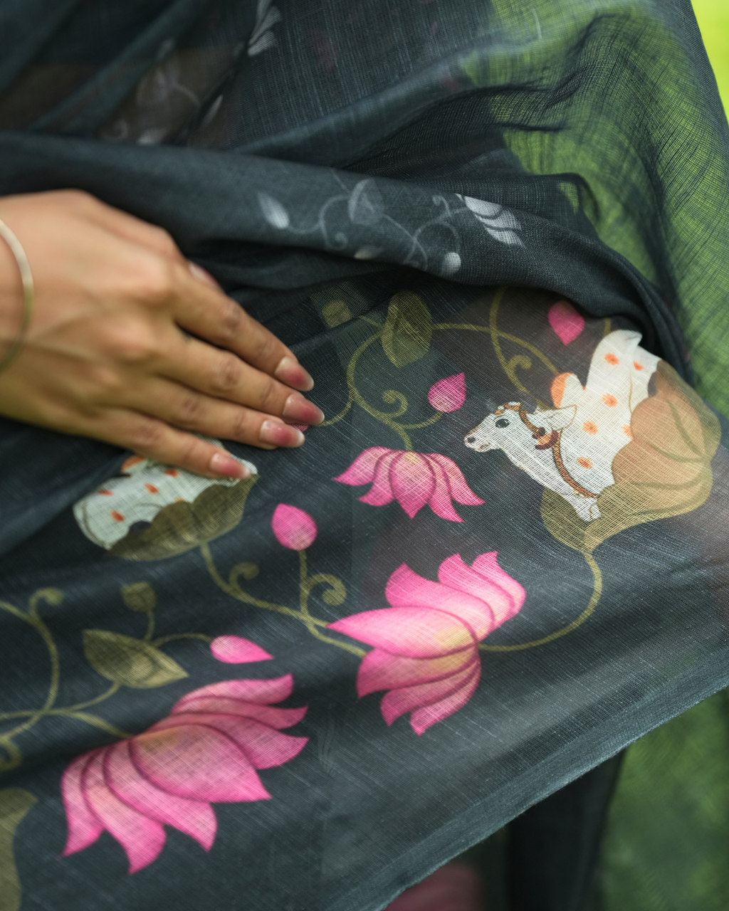 Charcoal Grey Pichwai Lotus Garden Linen Saree