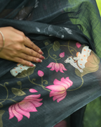 Charcoal Grey Pichwai Lotus Garden Linen Saree
