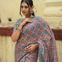 Indigo & Terracotta Ikat Geometric Linen Saree