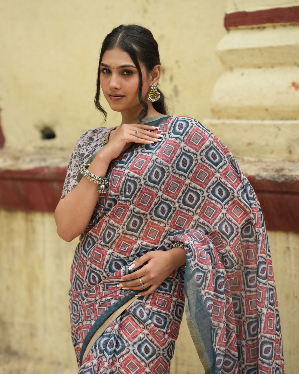 Indigo & Terracotta Ikat Geometric Linen Saree