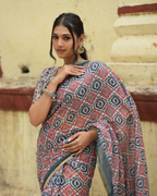 Indigo & Terracotta Ikat Geometric Linen Saree