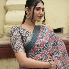 Indigo & Terracotta Ikat Geometric Linen Saree
