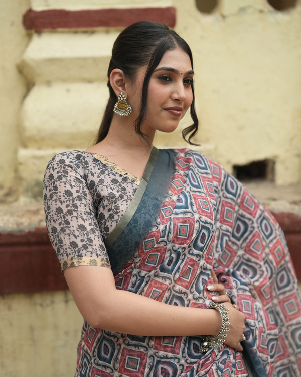 Indigo & Terracotta Ikat Geometric Linen Saree