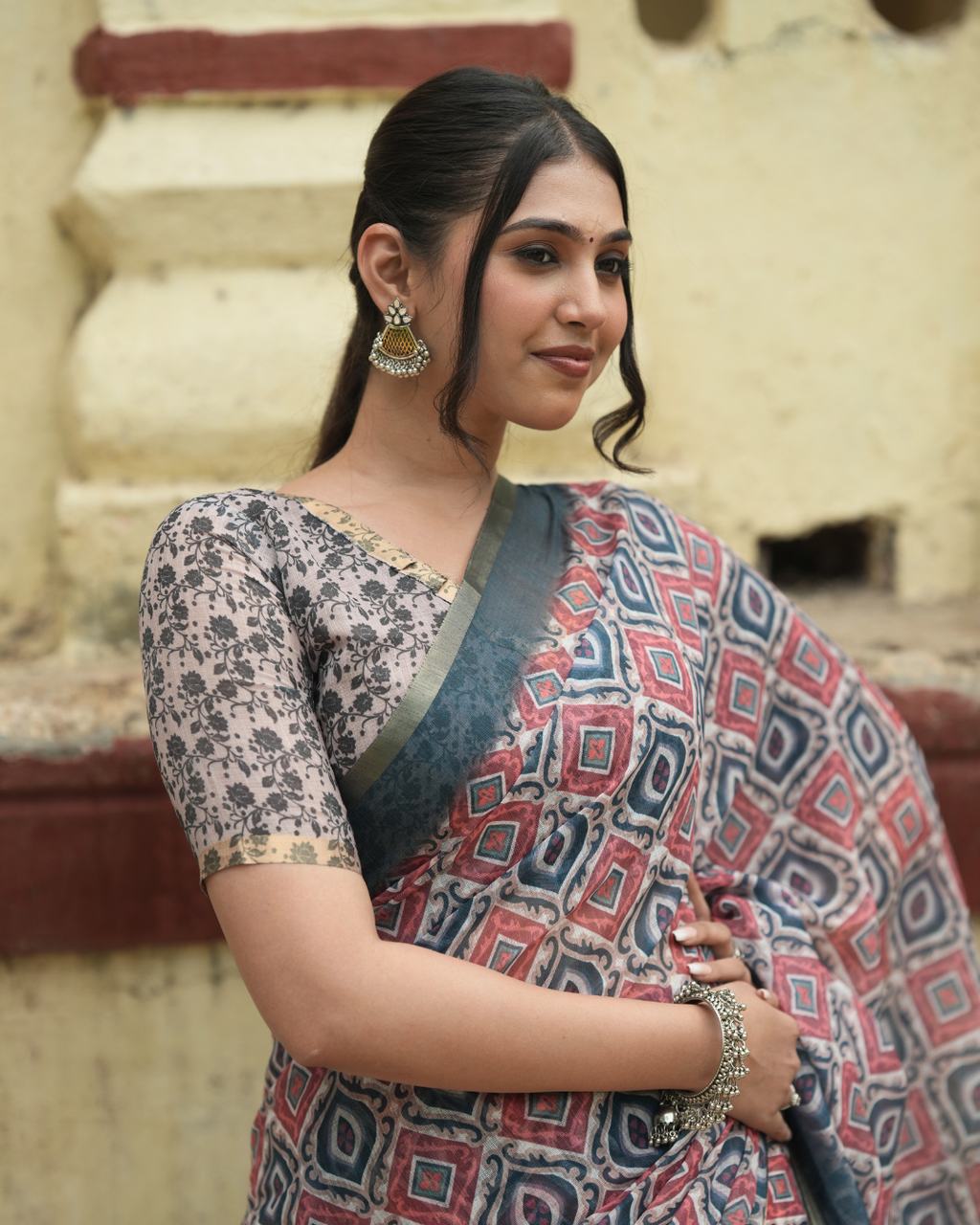 Indigo & Terracotta Ikat Geometric Linen Saree
