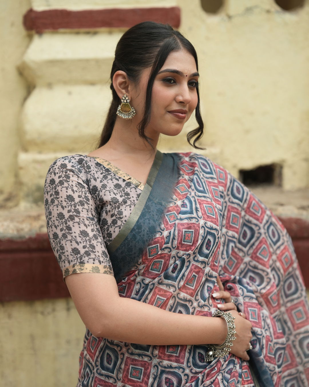 Indigo & Terracotta Ikat Geometric Linen Saree