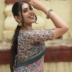 Indigo & Terracotta Ikat Geometric Linen Saree