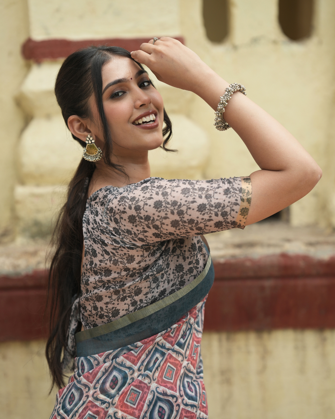 Indigo & Terracotta Ikat Geometric Linen Saree