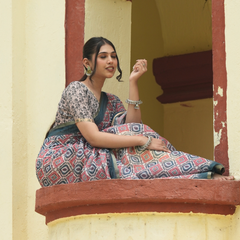 Indigo & Terracotta Ikat Geometric Linen Saree
