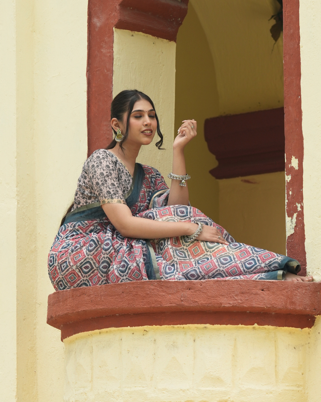 Indigo & Terracotta Ikat Geometric Linen Saree