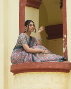 Indigo & Terracotta Ikat Geometric Linen Saree