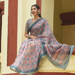 Indigo & Terracotta Ikat Geometric Linen Saree