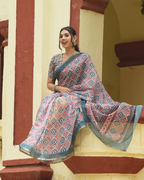 Indigo & Terracotta Ikat Geometric Linen Saree