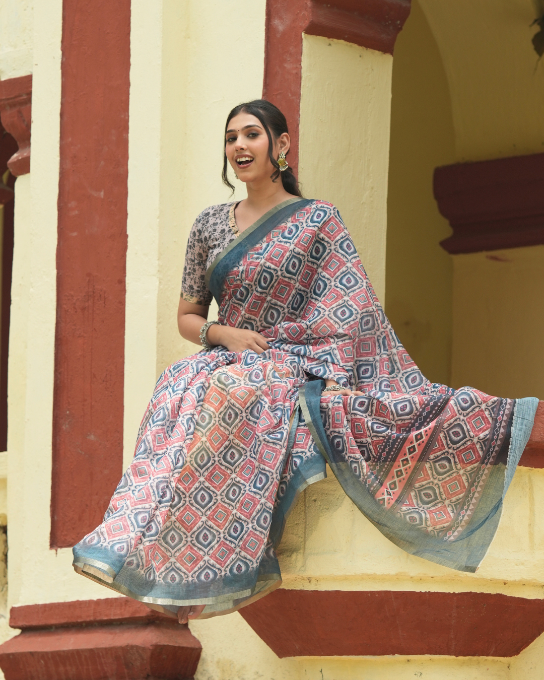 Indigo & Terracotta Ikat Geometric Linen Saree