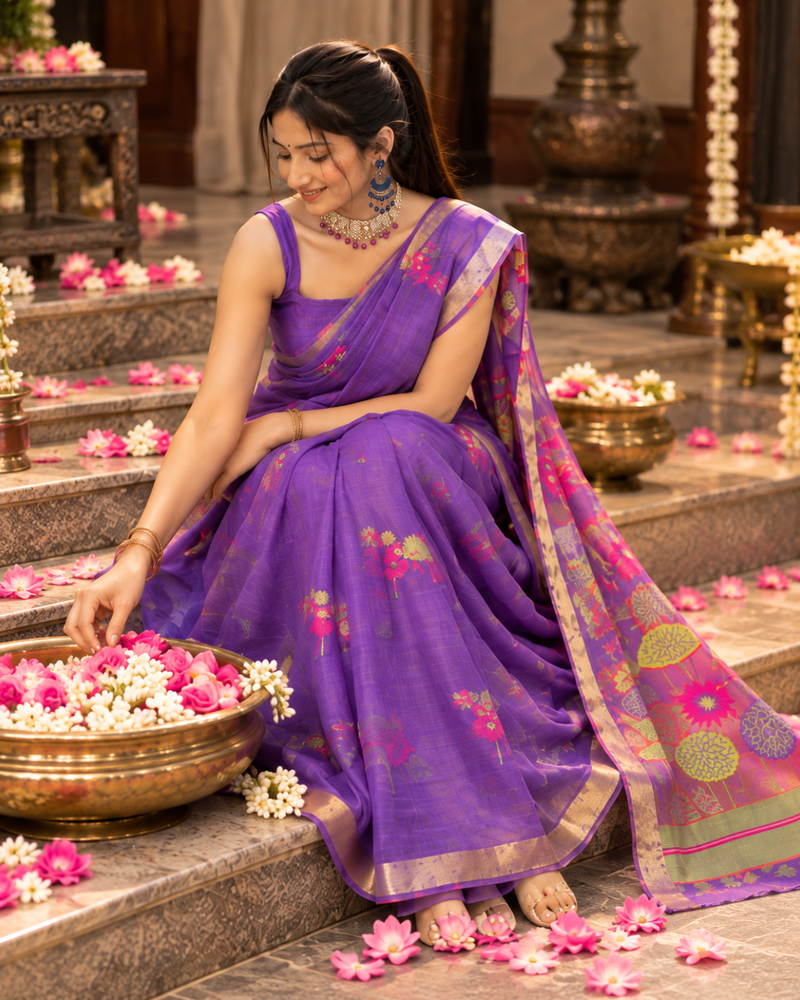 Lilac Purple Garden Jamdani Cotton Saree