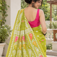 Chartreuse Lime Peacock Motif Chanderi Saree